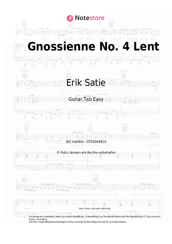 Einfache Tabs Erik Satie - Gnossienne No.4 Lent - Gitarre.Tabs.Easy