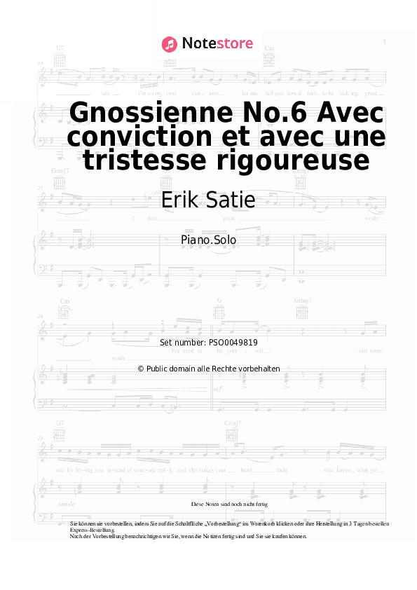 Noten Erik Satie - Gnossienne No.6 Avec conviction et avec une tristesse rigoureuse - Klavier.Solo