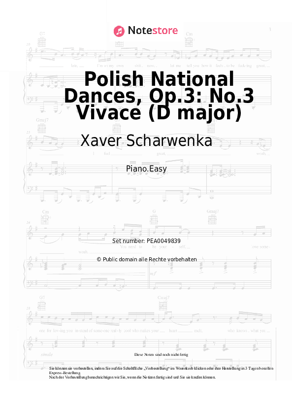 Einfache Noten Xaver Scharwenka - Polish National Dances, Op.3: No.3 Vivace (D major) - Klavier.Einfach