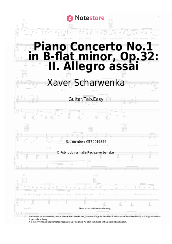 Einfache Tabs Xaver Scharwenka - Piano Concerto No.1 in B-flat minor, Op.32: II. Allegro assai - Gitarre.Tabs.Easy