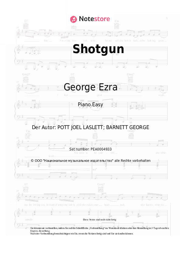 Einfache Noten George Ezra - Shotgun - Klavier.Einfach