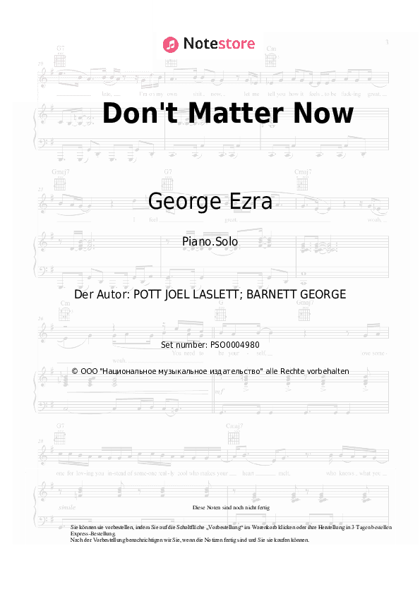 Noten George Ezra - Don't Matter Now - Klavier.Solo