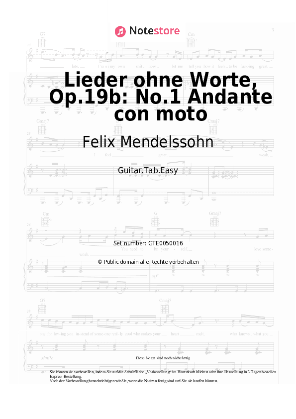 Einfache Tabs Felix Mendelssohn - Lieder ohne Worte, Op.19b: No.1 Andante con moto - Gitarre.Tabs.Easy