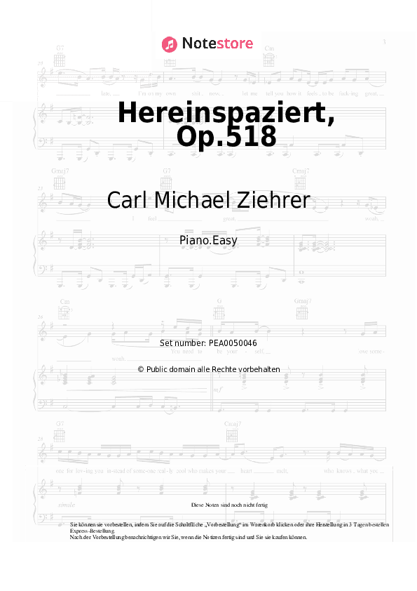 Einfache Noten Carl Michael Ziehrer - Hereinspaziert, Op.518 - Klavier.Einfach