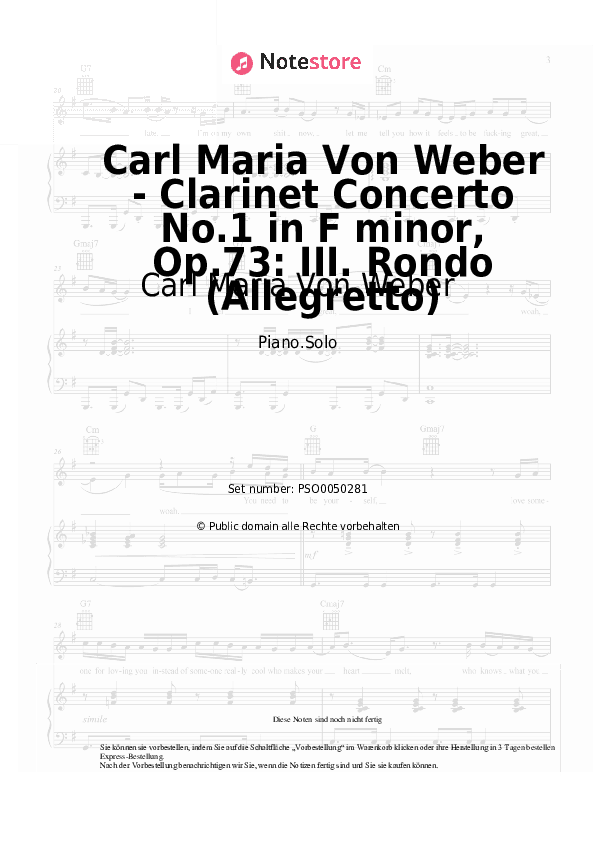 Noten Carl Maria Von Weber - Carl Maria Von Weber - Clarinet Concerto No.1 in F minor, Op.73: III. Rondo (Allegretto) - Klavier.Solo