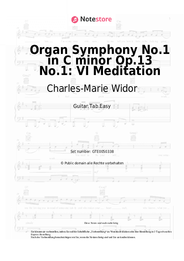 Einfache Tabs Charles-Marie Widor - Organ Symphony No.1 in C minor Op.13 No.1: VI Meditation - Gitarre.Tabs.Easy