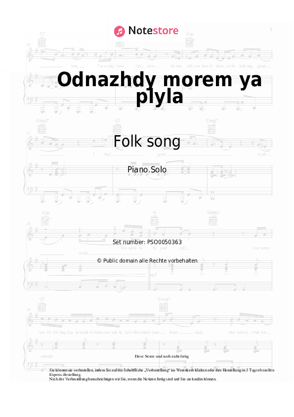 Noten Folk song - Odnazhdy morem ya plyla - Klavier.Solo