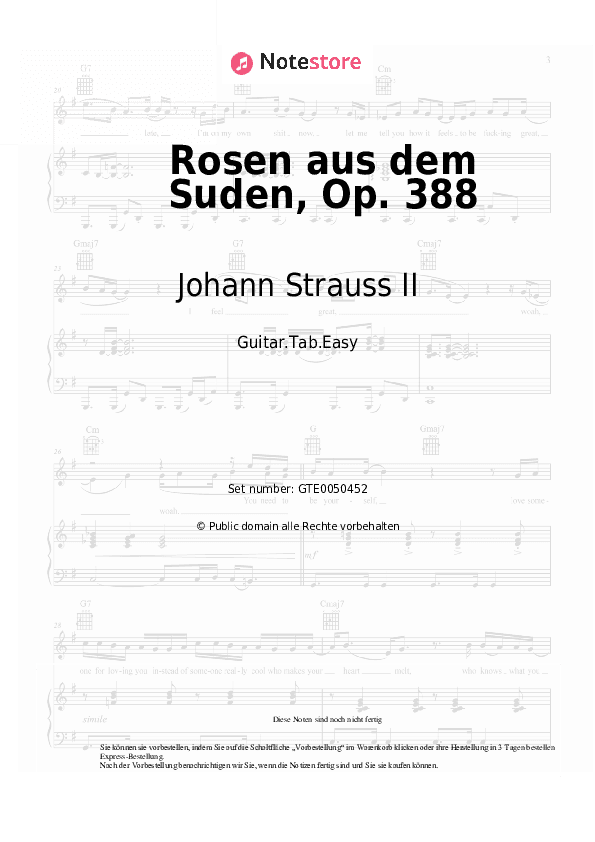 Einfache Tabs Johann Strauss II - Rosen aus dem Suden, Op. 388 - Gitarre.Tabs.Easy