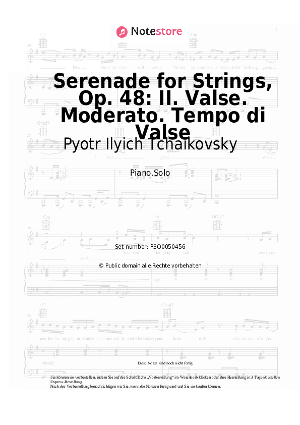 Noten Pyotr Ilyich Tchaikovsky - Serenade for Strings, Op. 48: II. Valse. Moderato. Tempo di Valse - Klavier.Solo