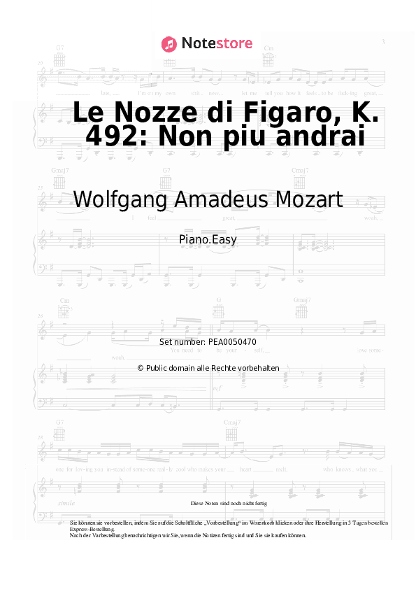 Einfache Noten Wolfgang Amadeus Mozart - Le Nozze di Figaro, K. 492: Non piu andrai - Klavier.Einfach