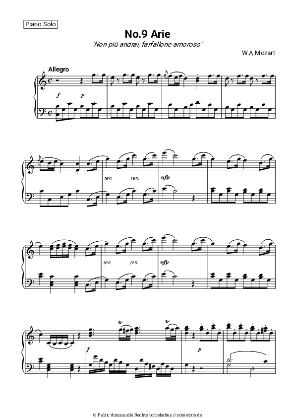 Noten Wolfgang Amadeus Mozart - Le Nozze di Figaro, K. 492: Non piu andrai - Klavier.Solo