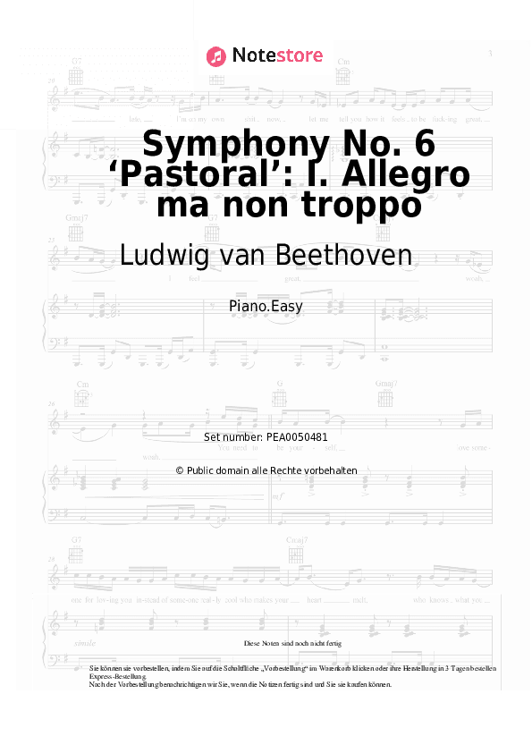 Einfache Noten Ludwig van Beethoven - Symphony No. 6 ‘Pastoral’: I. Allegro ma non troppo - Klavier.Einfach