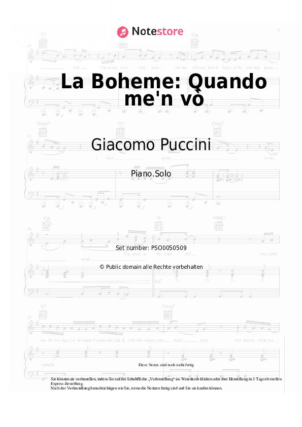 Noten Giacomo Puccini - La Boheme: Quando me'n vo - Klavier.Solo
