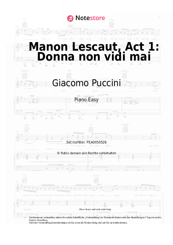 Einfache Noten Giacomo Puccini - Manon Lescaut, Act 1: Donna non vidi mai - Klavier.Einfach
