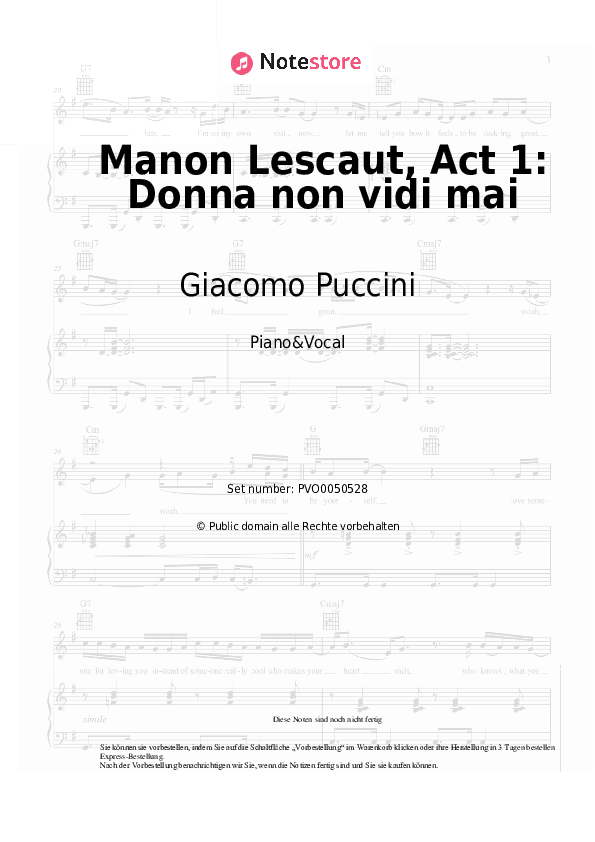Noten mit Gesang Giacomo Puccini - Manon Lescaut, Act 1: Donna non vidi mai - Klavier&Gesang