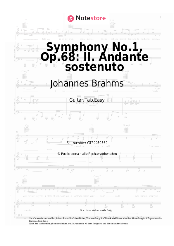 Einfache Tabs Johannes Brahms - Symphony No.1, Op.68: II. Andante sostenuto - Gitarre.Tabs.Easy
