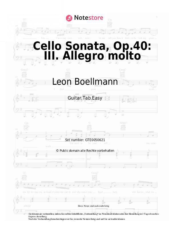 Einfache Tabs Leon Boellmann - Cello Sonata, Op.40: III. Allegro molto - Gitarre.Tabs.Easy