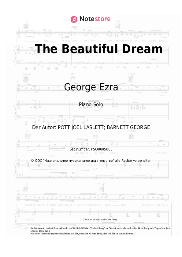 Noten George Ezra - The Beautiful Dream - Klavier.Solo