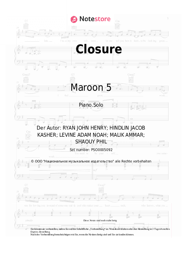 Noten Maroon 5 - Closure - Klavier.Solo