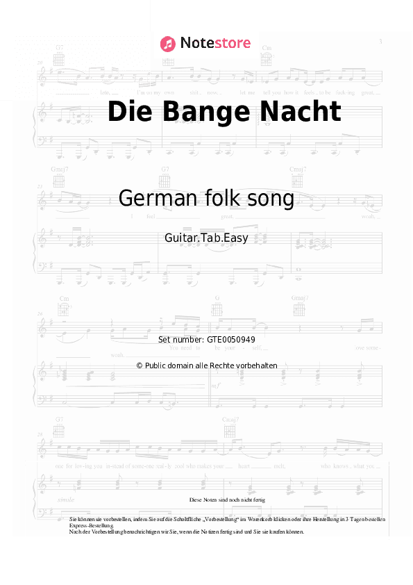 Einfache Tabs German folk song - Die Bange Nacht - Gitarre.Tabs.Easy