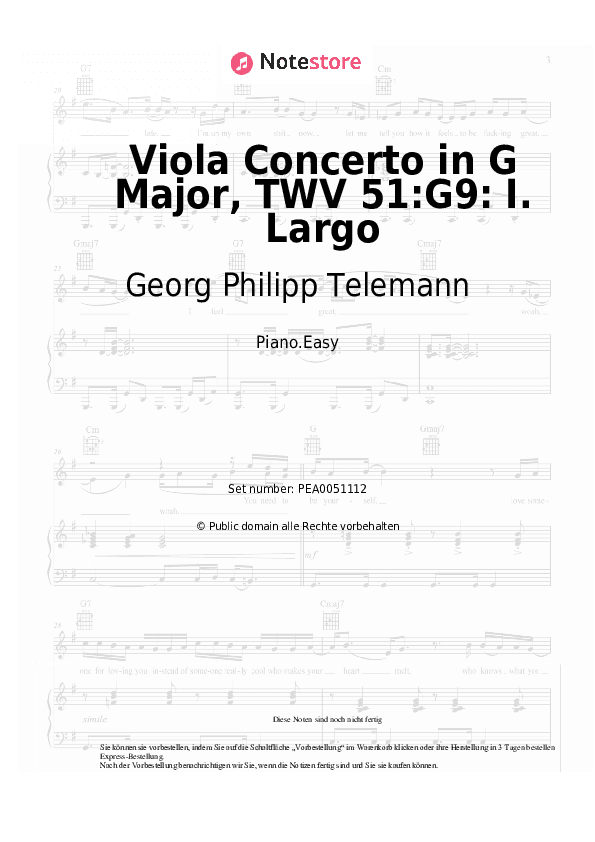 Einfache Noten Georg Philipp Telemann - Viola Concerto in G Major, TWV 51:G9: I. Largo - Klavier.Einfach