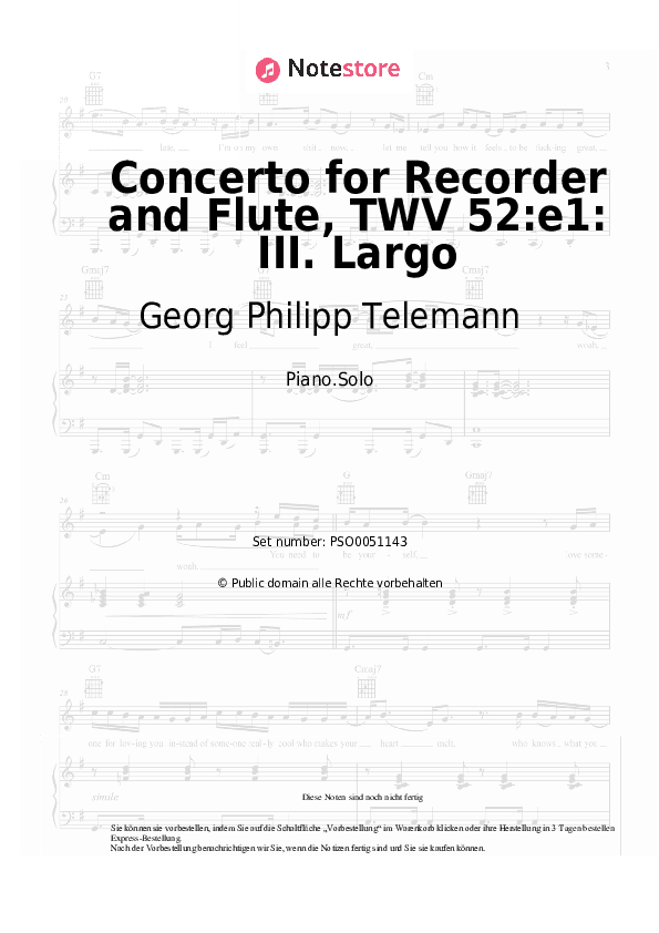 Noten Georg Philipp Telemann - Concerto for Recorder and Flute, TWV 52:e1: III. Largo - Klavier.Solo