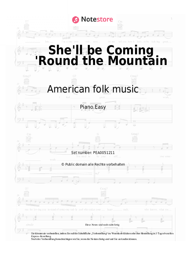 Einfache Noten American folk music - She'll be Coming 'Round the Mountain - Klavier.Einfach