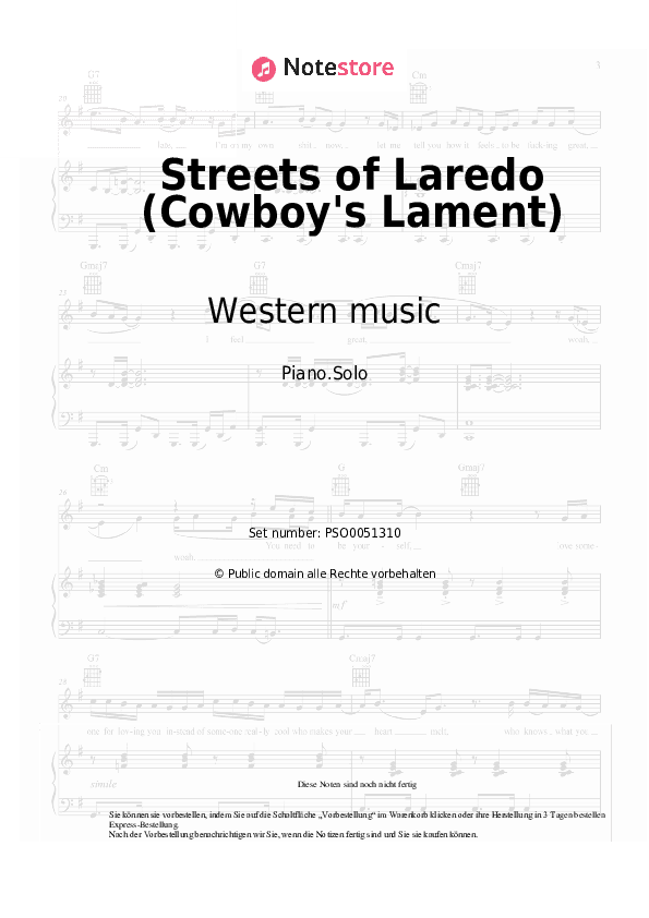 Noten Western music - Streets of Laredo (Cowboy's Lament) - Klavier.Solo