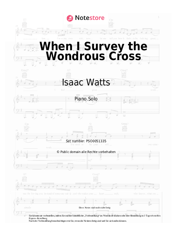 Noten Isaac Watts, Christian hymnody - When I Survey the Wondrous Cross - Klavier.Solo