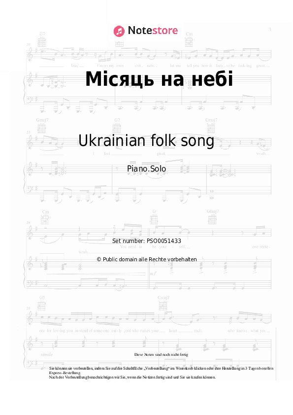 Noten Ukrainian folk song - Місяць на небі - Klavier.Solo