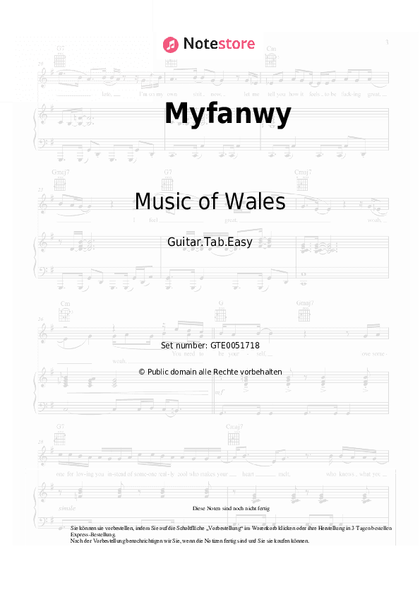 Einfache Tabs Music of Wales - Myfanwy - Gitarre.Tabs.Easy
