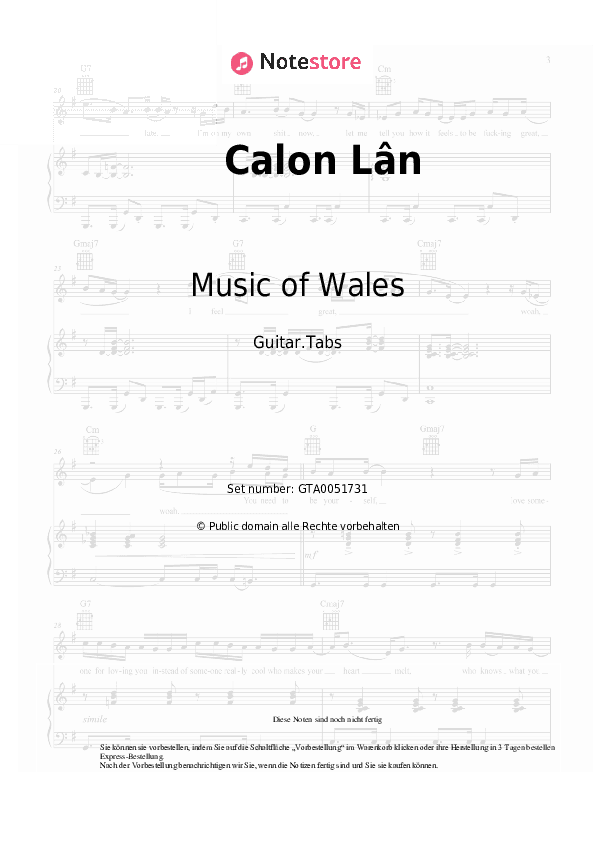 Tabs Music of Wales - Calon Lân - Gitarre.Tabs
