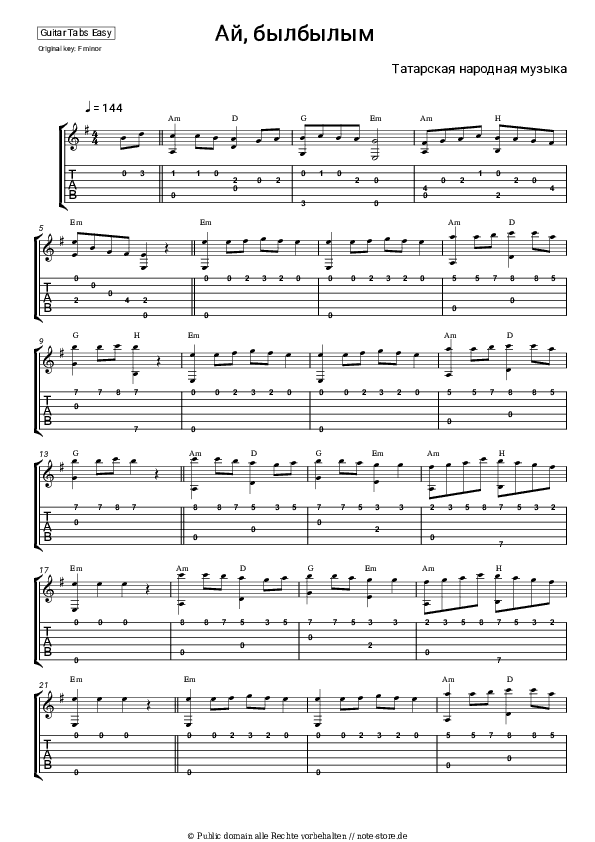 Einfache Tabs Tatar folk music - Ai bylbylyum - Gitarre.Tabs.Easy