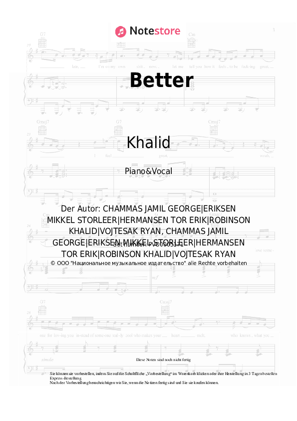 Noten mit Gesang Khalid - Better - Klavier&Gesang