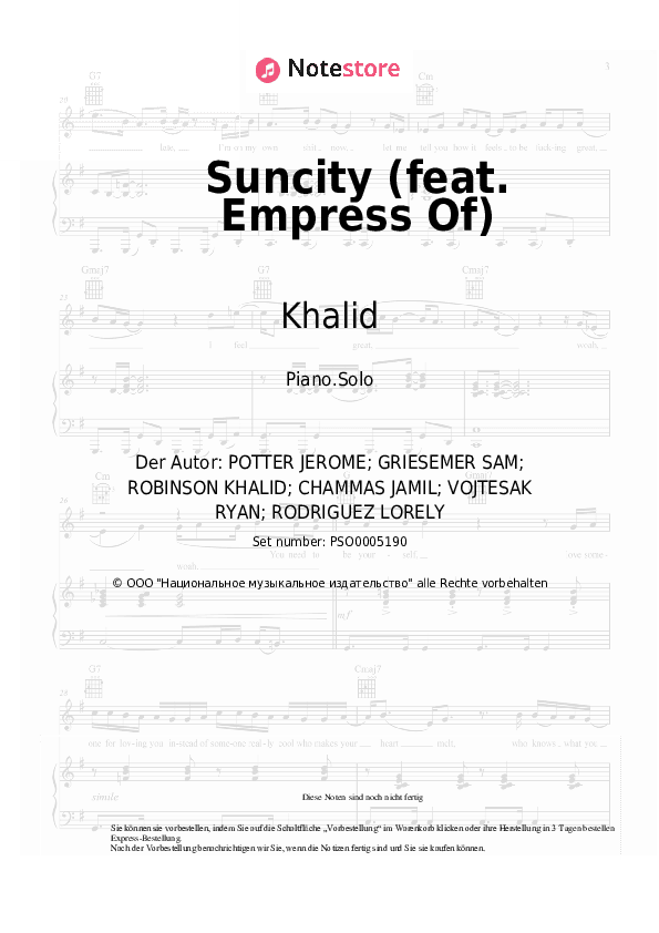 Noten Khalid - Suncity (feat. Empress Of) - Klavier.Solo