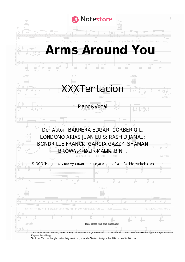 Noten mit Gesang XXXTentacion, Lil Pump, Maluma, Swae Lee - Arms Around You - Klavier&Gesang