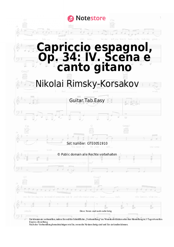Einfache Tabs Nikolai Rimsky-Korsakov - Capriccio espagnol, Op. 34: IV. Scena e canto gitano - Gitarre.Tabs.Easy