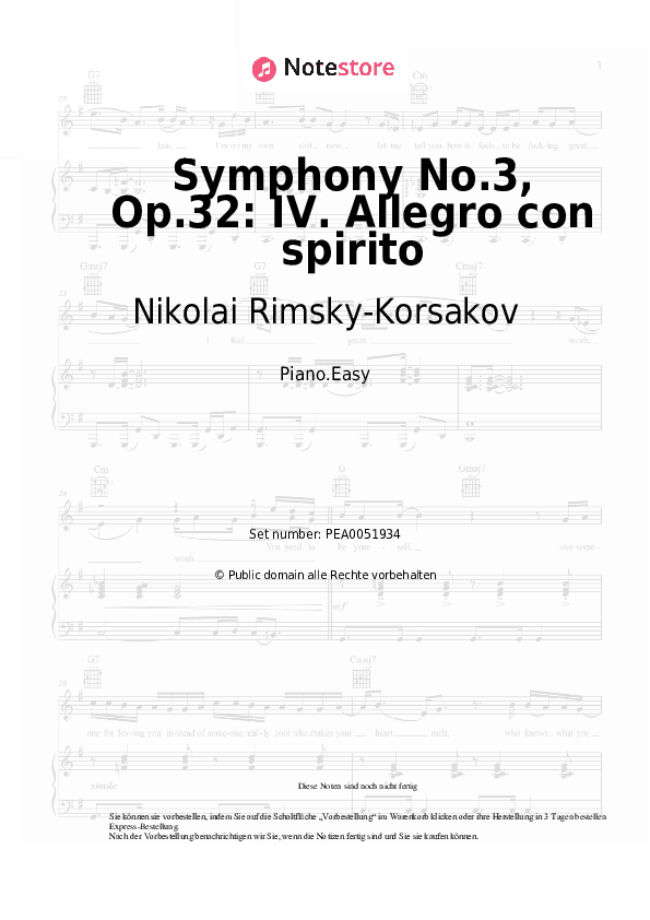 Einfache Noten Nikolai Rimsky-Korsakov - Symphony No.3, Op.32: IV. Allegro con spirito - Klavier.Einfach