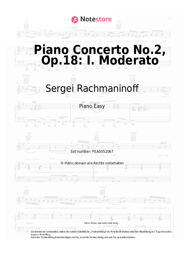 Einfache Noten Sergei Rachmaninoff - Piano Concerto No.2, Op.18: I. Moderato - Klavier.Einfach
