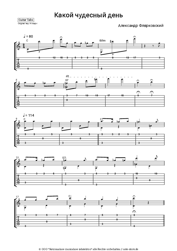 Einfache Tabs Aleksandr Flyarkovsky - Какой чудесный день - Gitarre.Tabs.Easy