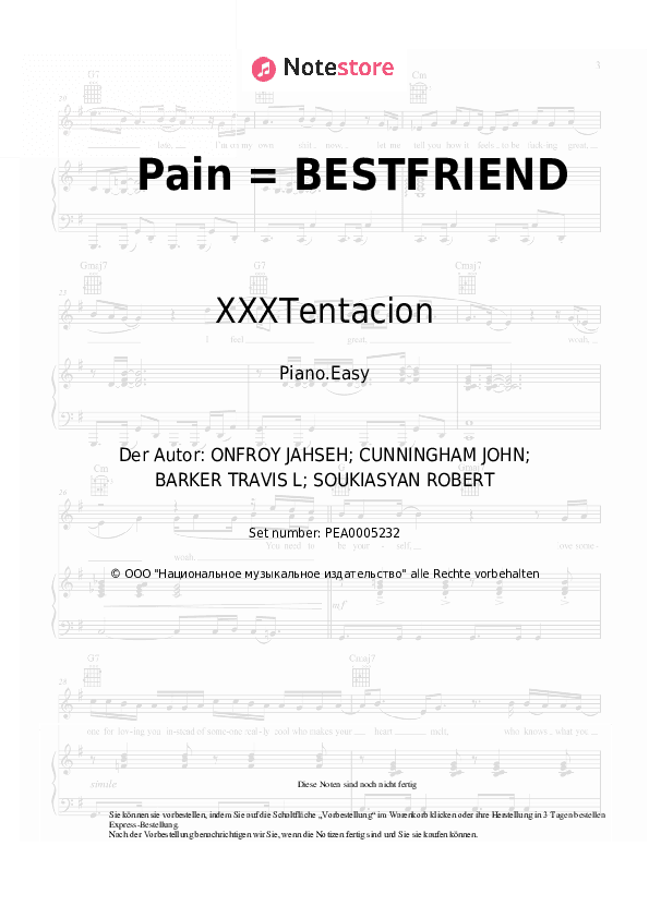 Einfache Noten XXXTentacion, Travis Barker - Pain = BESTFRIEND - Klavier.Einfach