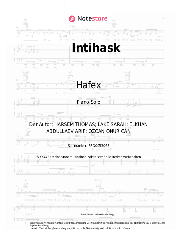 Noten Hafex, Rahima Azim - Intihask - Klavier.Solo