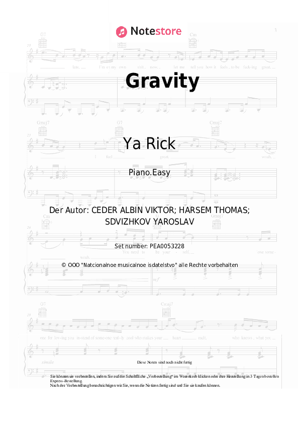 Einfache Noten Ya Rick - Gravity - Klavier.Einfach