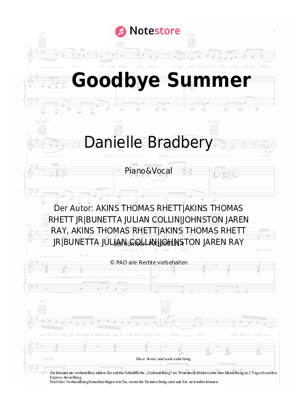 Noten mit Gesang Danielle Bradbery, Thomas Rhett - Goodbye Summer - Klavier&Gesang