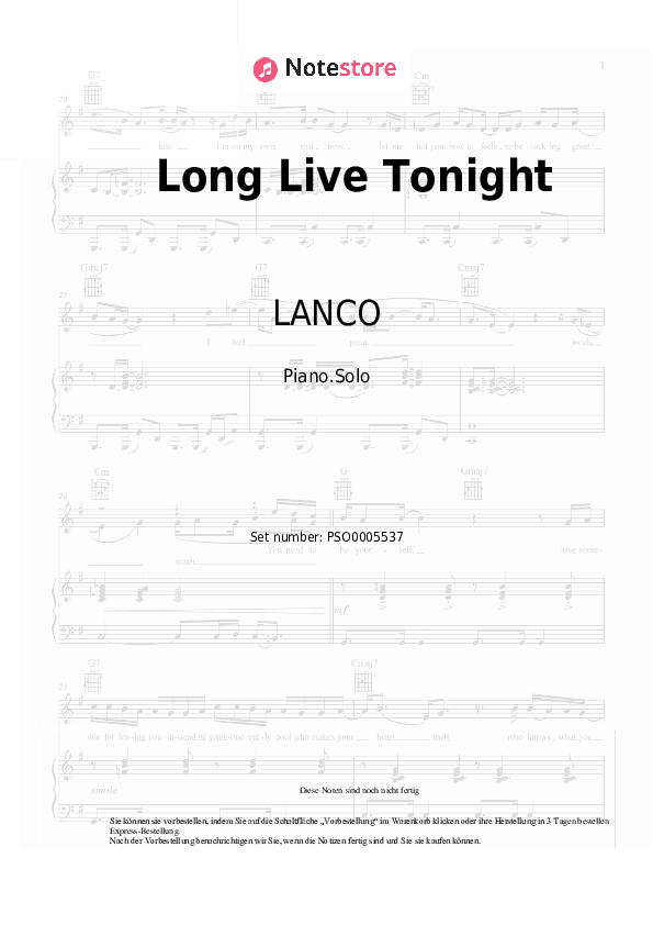 Noten LANCO - Long Live Tonight - Klavier.Solo