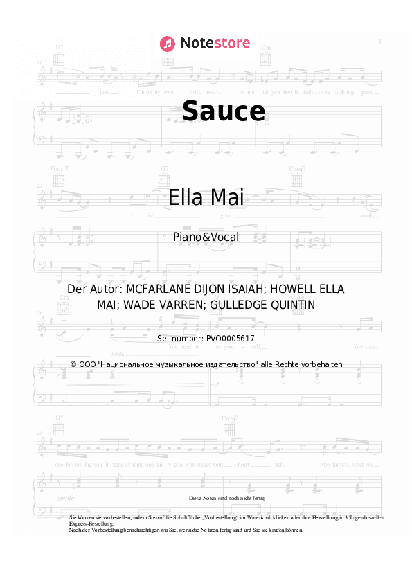 Noten mit Gesang Ella Mai - Sauce - Klavier&Gesang