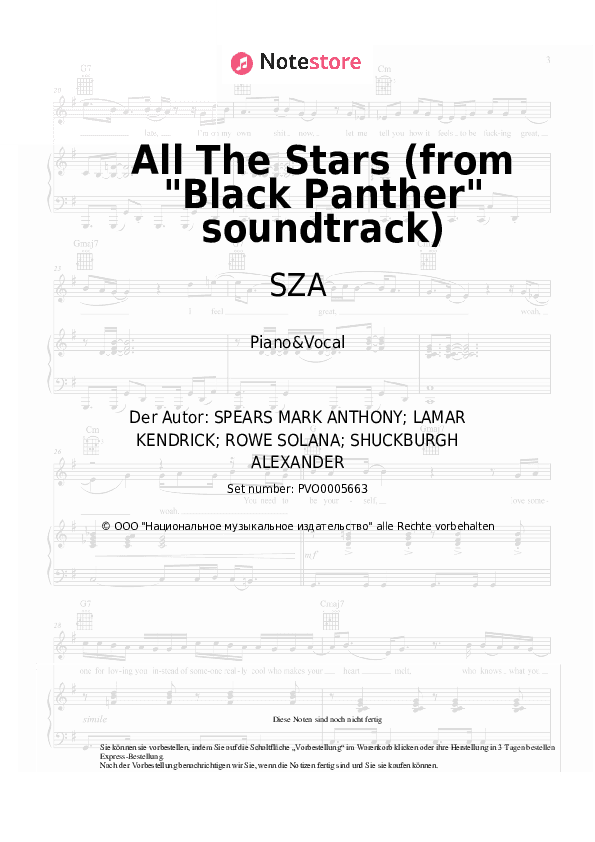Noten mit Gesang SZA, Kendrick Lamar - All The Stars (from Black Panther soundtrack) - Klavier&Gesang