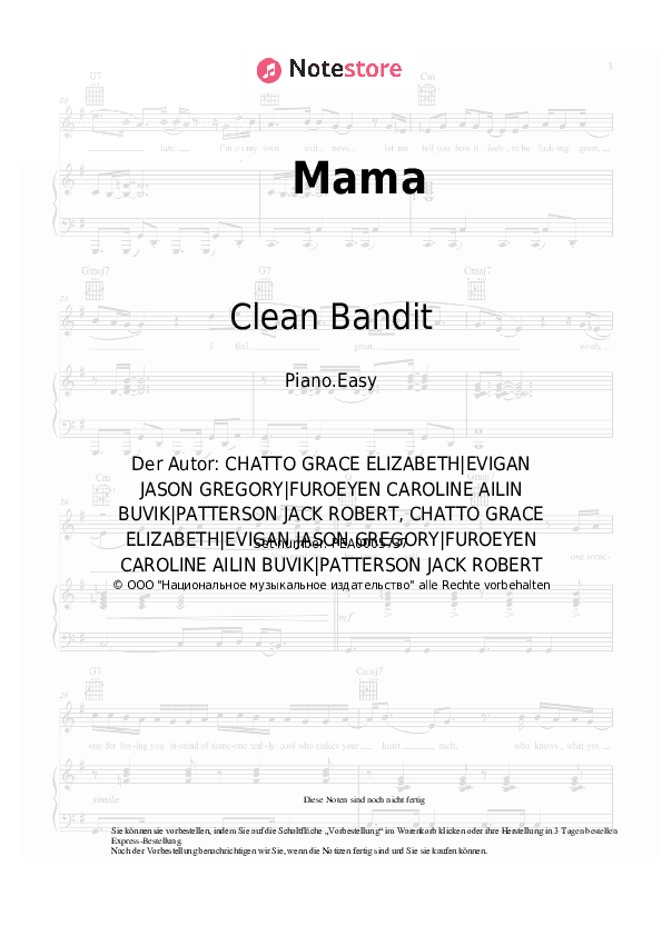 Einfache Noten Clean Bandit, Ellie Goulding - Mama - Klavier.Einfach