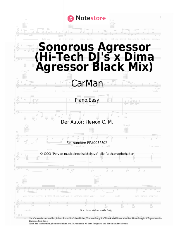 Einfache Noten CarMan, Sergey Lemokh - Sonorous Agressor (Hi-Tech DJ's x Dima Agressor Black Mix) - Klavier.Einfach