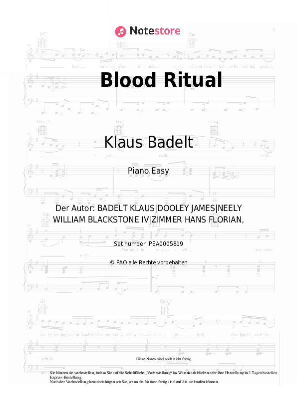 Einfache Noten Klaus Badelt - Blood Ritual - Klavier.Einfach